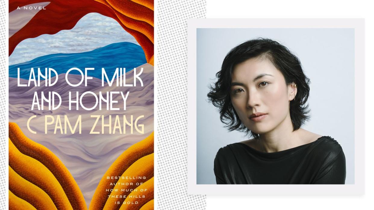 the cover art for land of milk and honey beside a headshot of author c pam zhang