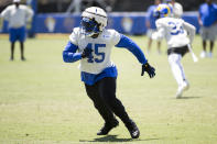 Los Angeles Rams linebacker Bobby Wagner runs during NFL football practice Monday, July 25, 2022, in Irvine, Calif. (AP Photo/Kyusung Gong)