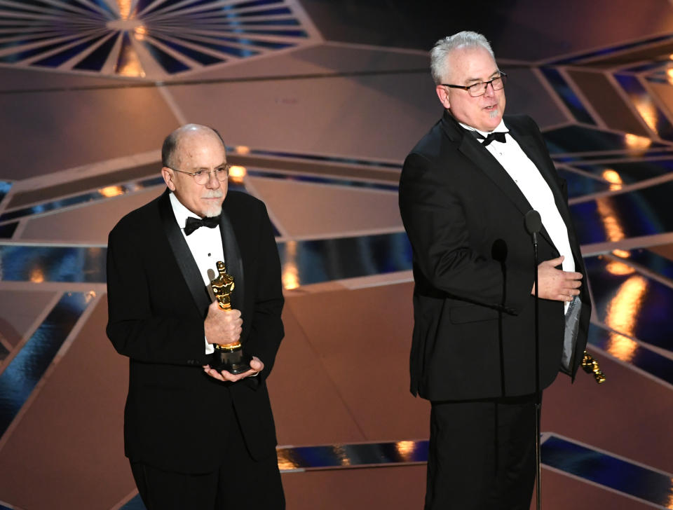 Sound designers Richard King and Alex Gibson accept Best Sound Editing for 'Dunkirk' onstage during the 90th Annual Academy Awards at the Dolby Theatre at Hollywood & Highland Center on March 4, 2018 in Hollywood.