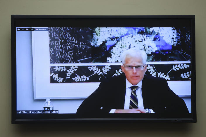 Former Acting U.S. Defense Secretary Christopher Miller testifies remotely during a House Oversight and Reform Committee regarding the on Jan. 6 attack on the U.S. Capitol, on Capitol Hill in Washington, Wednesday, May 12, 2021. (Jonathan Ernst/Pool via AP)