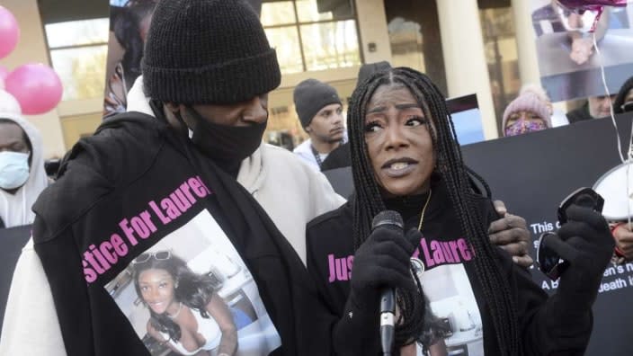 Shantell Fields, Lauren Smith-Fields’ mother, stands with family members during the rally demanding answers in Bridgeport, Connecticut, on Sunday, which would have been the dead woman’s 24th birthday. (Photo: Ned Gerard/AP)