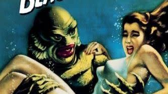 the poster for the classic horror movie the creature from the black lagoon, featuring a gill man carrying a woman