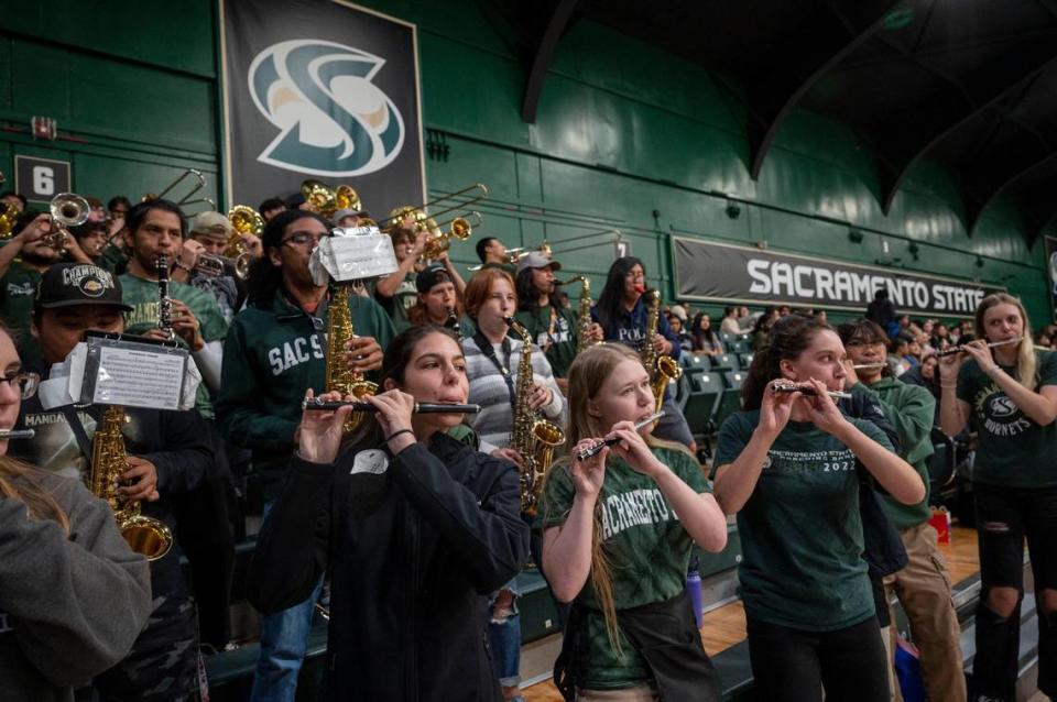 The Sacramento State marching band performs at the first men’s basketball game of the season Tuesday. After decades of trying to get a new arena on campus, Sacramento State has plans to play elsewhere on campus starting next season, meaning an end for The Nest.