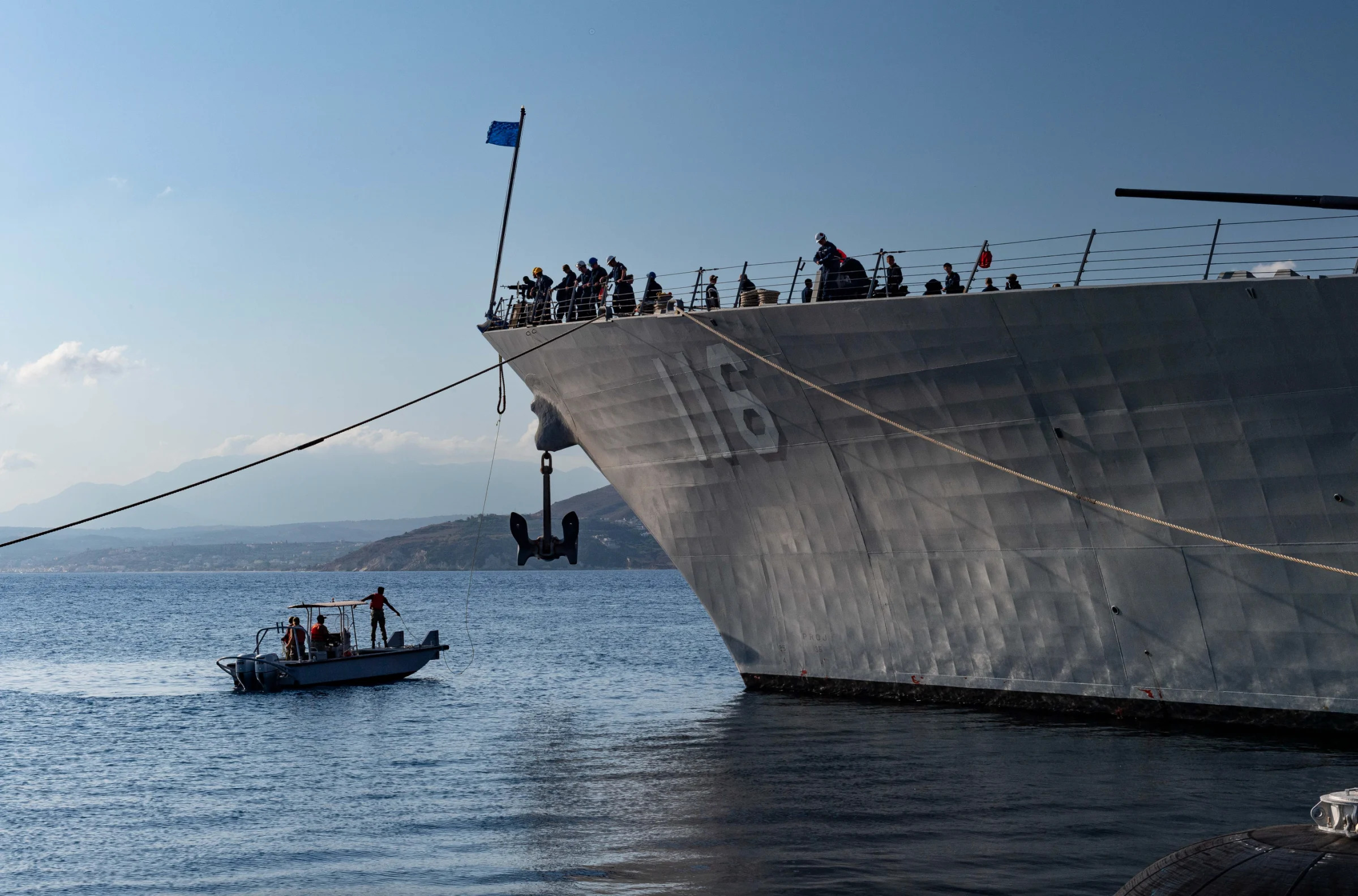 Sailors assigned to the Naval Support Activity Souda Bay port operations team receive a mooring line from Sailors aboard the Arleigh Burke-class guided-missile destroyer USS Thomas Hudner (DDG 116) as the ship docks at the NATO Marathi Pier Complex during a scheduled visit to receive fuel and logistical support on Oct. 2. NSA Souda Bay is an operational ashore installation which enables and supports U.S., Allied, coalition and partner nation forces to preserve security and stability in the European, African and Central Command areas of responsibility.