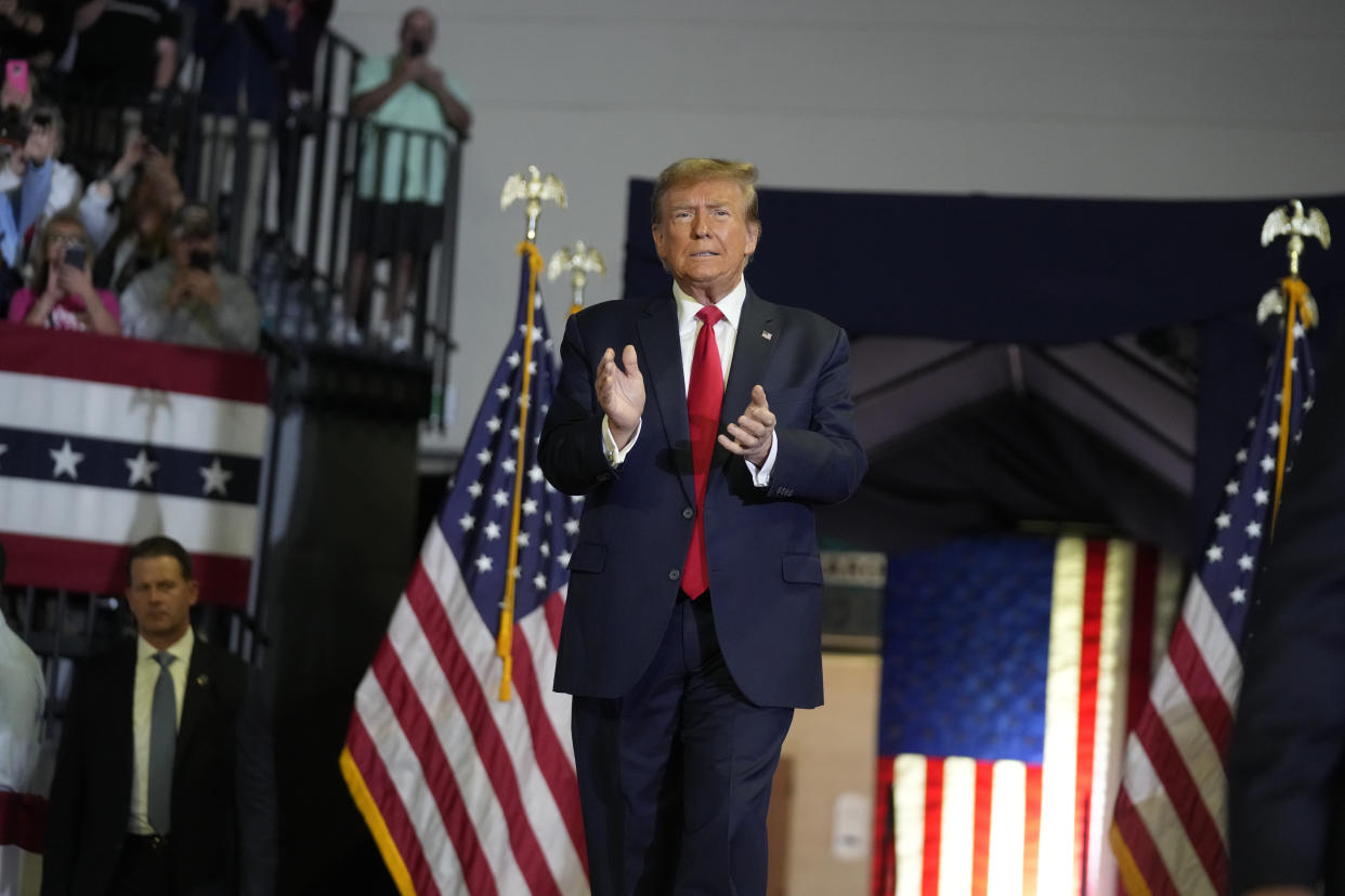 Republican presidential candidate former President Donald Trump walks on the stage to speak at a Get Out The Vote rally at Coastal Carolina University in Conway, S.C., Saturday, Feb. 10, 2024. (AP Photo/Manuel Balce Ceneta)