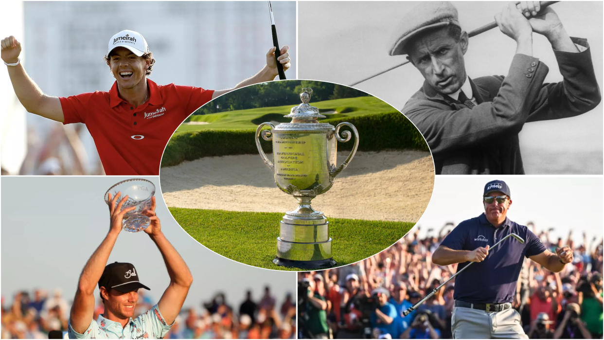  Golfers and the PGA Championship trophy in a montage 