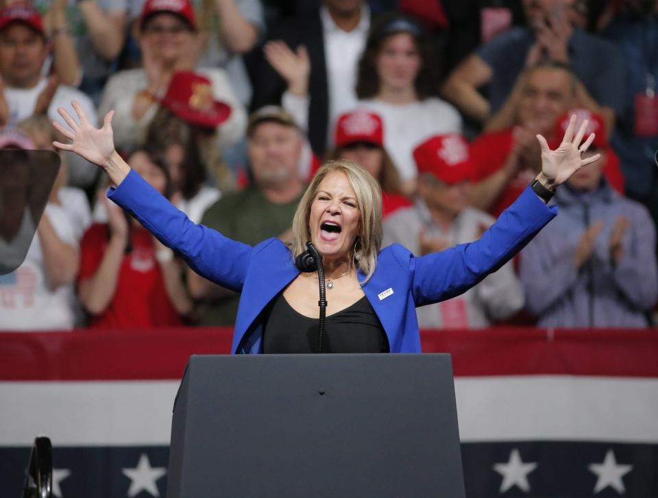 Kelli Ward, Arizona Republican Party chair, speaks during a Keep America Great Rally at Arizona Veterans Memorial Coliseum in Phoenix on Feb. 19, 2020.