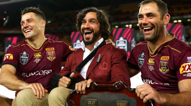 Thurston (centre) with Cooper Cronk and Cameron Smith. Image: Getty