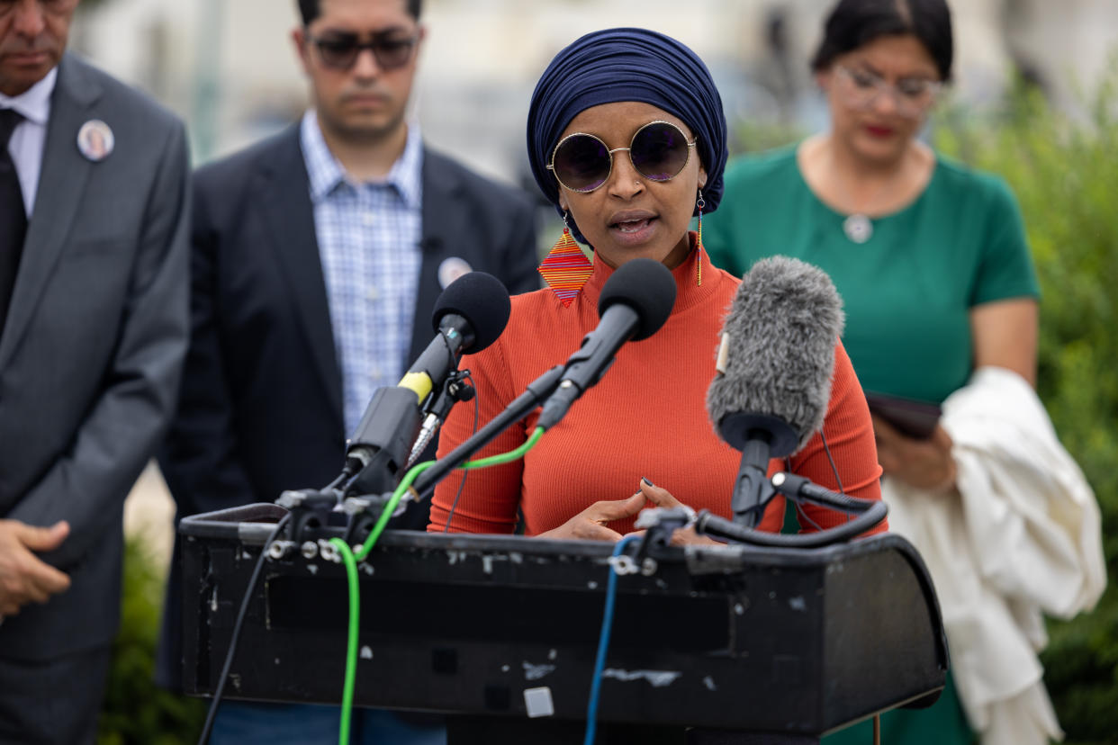 WASHINGTON, US - JULY 28: Family members and friends of slain Al Jazeera journalist Shireen Abu Akleh are seen as Rep. Ilhan Omar (D-MN) speaks in front of the U.S. Capitol on July 28th, 2022 as they push for a U.S. investigation of the journalistâs killing. (Photo by Nathan Posner/Anadolu Agency via Getty Images)