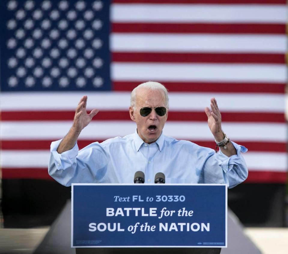 Democratic presidential candidate Joe Biden campaigns at a drive-in rally at Broward College North Campus in Fort Lauderdale on Thursday, October 29, 2020.