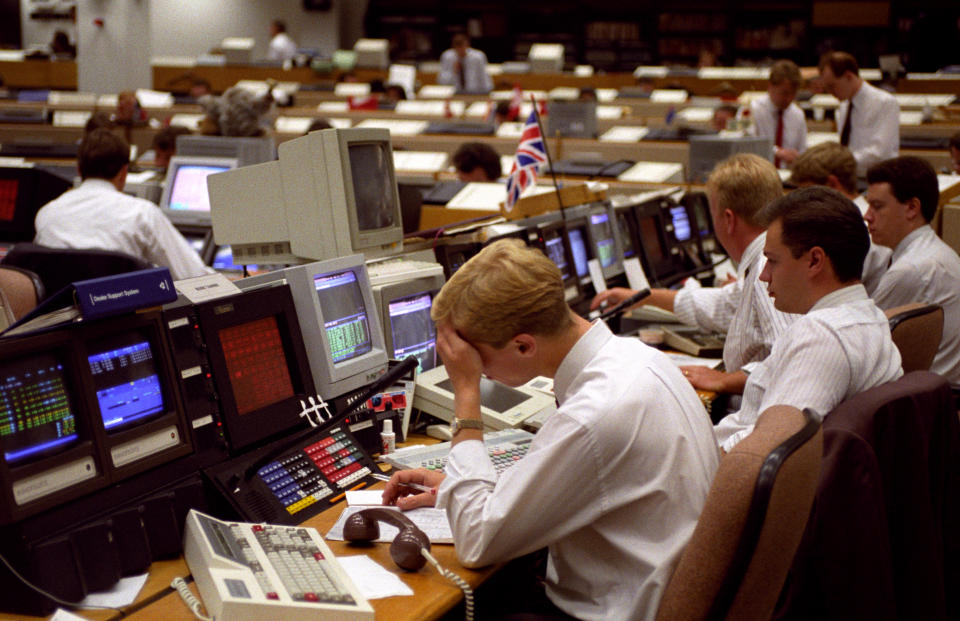 STERLING CRISIS 1992: Sterling dealers on the trading floor of Nat West's foreign exchange department, Bishopsgate, City of London, as the Pound still remains in the danger zone on Europe's exchange rate mechanism.   (Photo by Jim James - PA Images/PA Images via Getty Images)