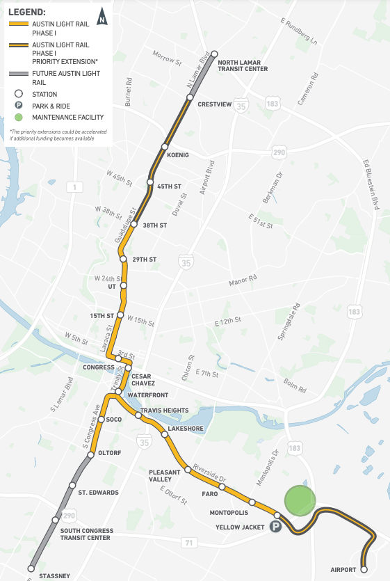 A graphic showing the proposed 9.8-mile light-rail line stretching north, south, and east of downtown Austin.