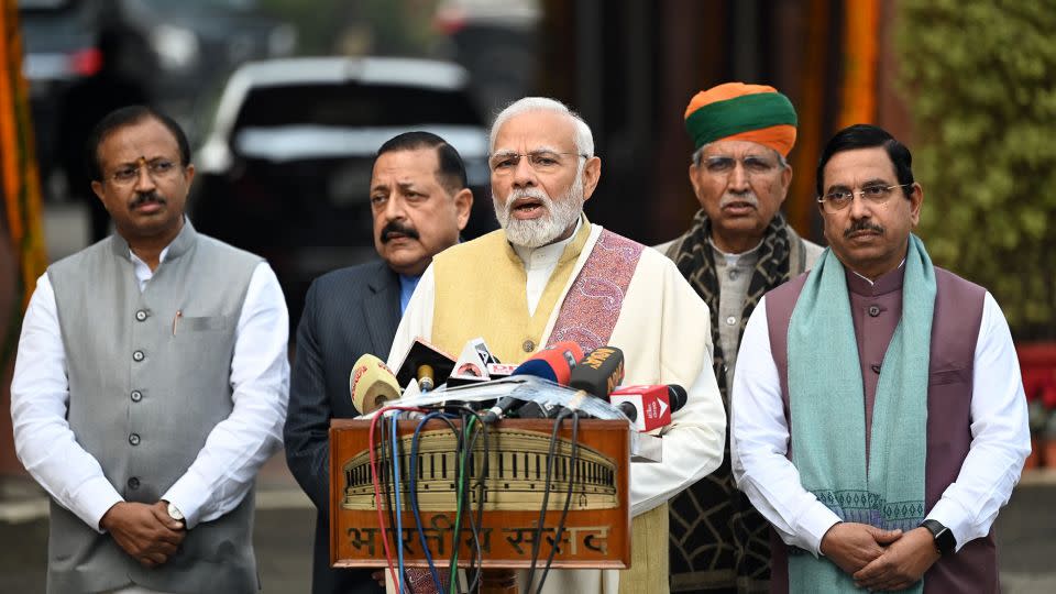 India's Prime Minister Narendra Modi speaks at the opening of the budget session of parliament in New Delhi on January 31. The huge country is set to hold an election over several weeks in April and May. - Sajjad Hussain/AFP/Getty Images