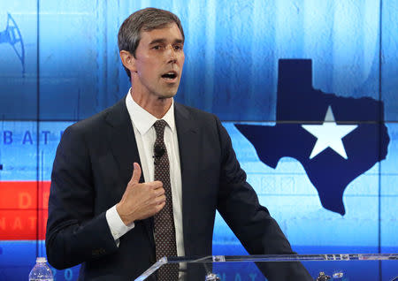 U.S. Rep. Beto O'Rourke speaks during a debate with U.S. Senator Ted Cruz (not shown), at the KENS- 5 TV studios in San Antonio, Texas, U.S., October 16, 2018. Tom Reel/San Antonio Express-News/Pool via REUTERS