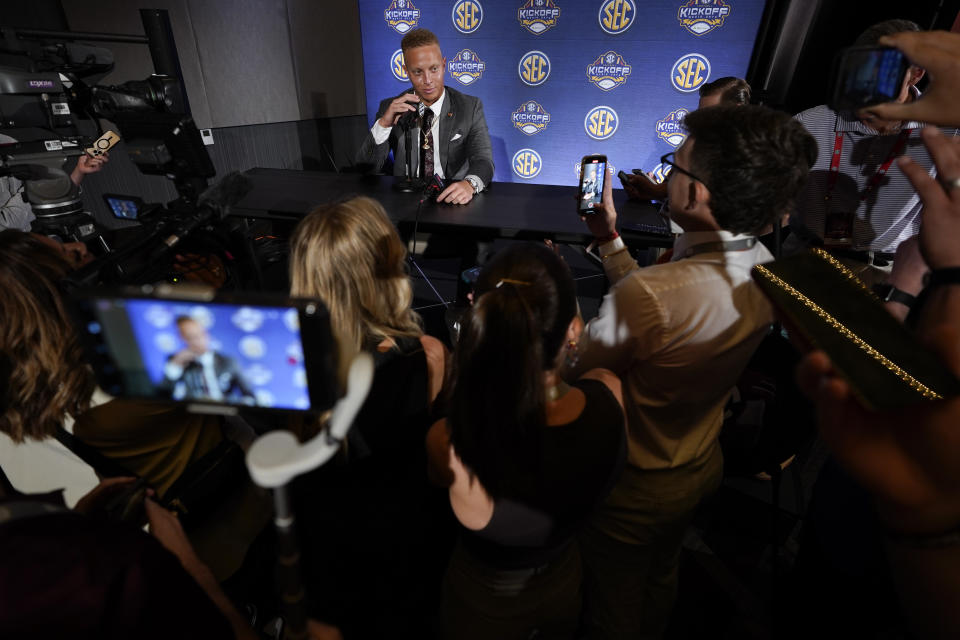 South Carolina quarterback Spencer Rattler responds to questions during NCAA college football Southeastern Conference Media Days, Thursday, July 20, 2023, in Nashville, Tenn. (AP Photo/George Walker IV)