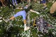 Tulane tight end Will Wallace (84) celebrates his team's victory against Central Florida at the end of the American Athletic Conference championship NCAA college football game in New Orleans, Saturday, Dec. 3, 2022. (AP Photo/Matthew Hinton)