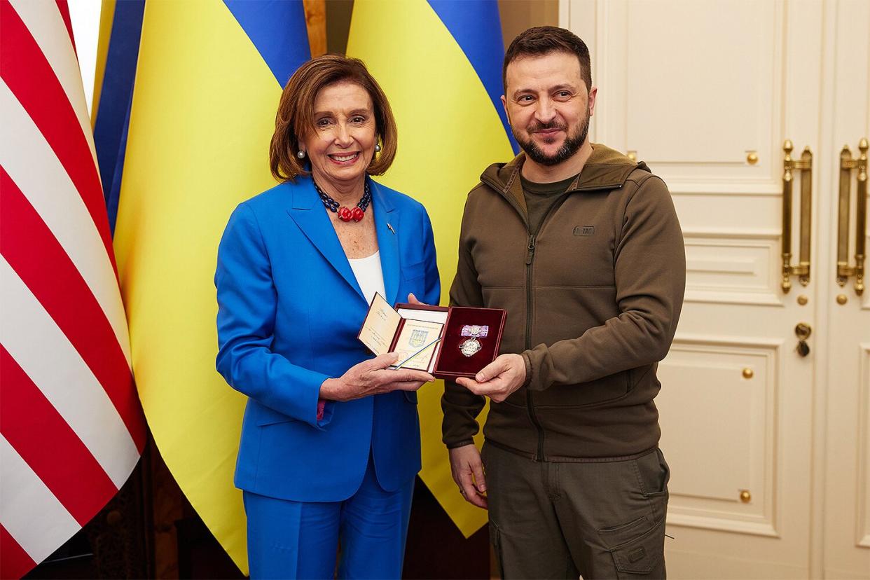 Ukrainian President Volodymyr Zelensky presents the Order of Princess Olga, a Ukrainian civil decoration, to U.S. Speaker of the House Nancy Pelosi during a visit by a U.S. congressional delegation on April 30, 2022 in Kyiv, Ukraine. The US Speaker of the House led a congressional delegation, which on a secret meeting with the Ukrainian president that was announced the next day, as they left the country for nearby Poland