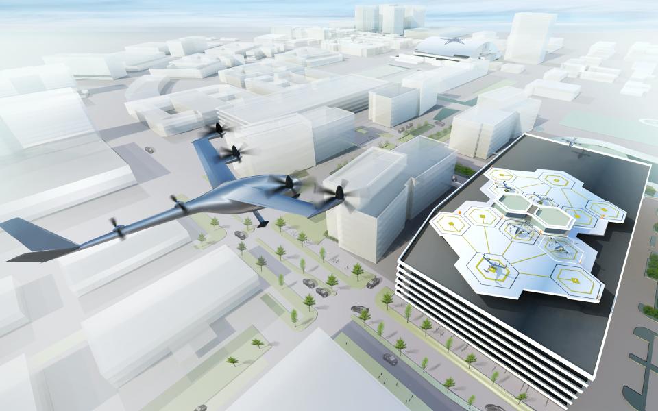 A concept image of an Uber aerial vehicle operating in Dallas - Uber