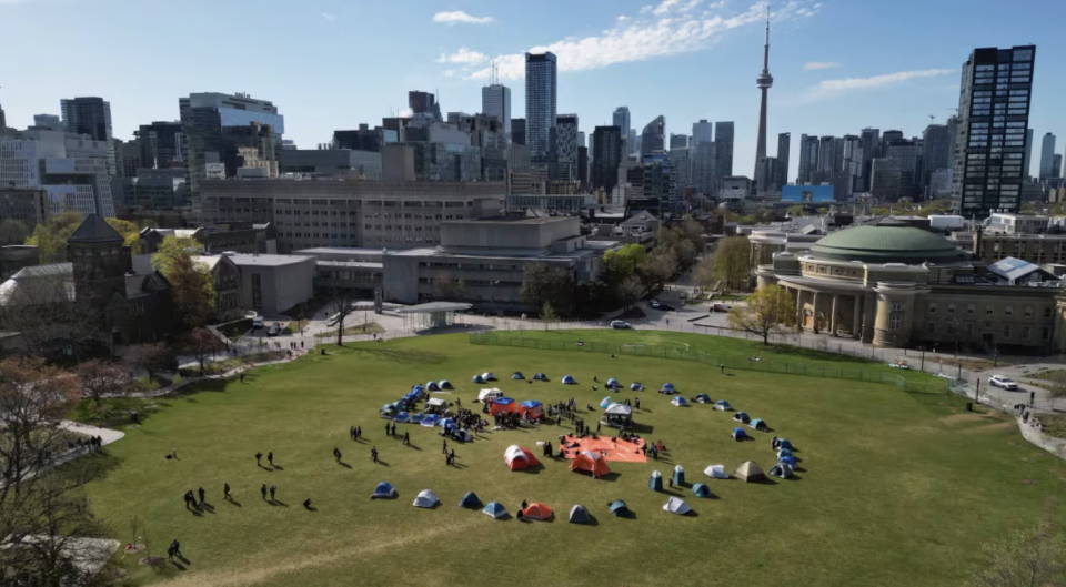 Aerial images of the pro-Palestinian protest encampment at the University of Toronto on Thursday. where students have taken over King's College Circle. (Patrick Morrell/CBC News)