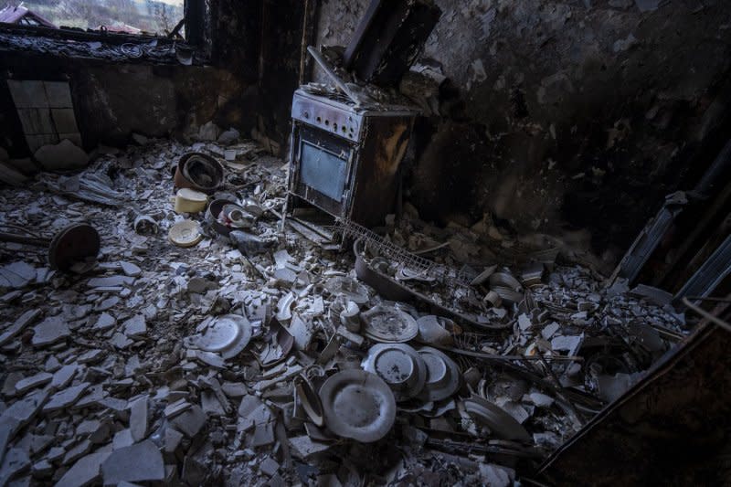 A destroyed kitchen is seen in an apartment building after being destroyed from Russian missile strikes in Borodyanka, Ukraine in April 2022. File Photo by Ken Cedeno/UPI