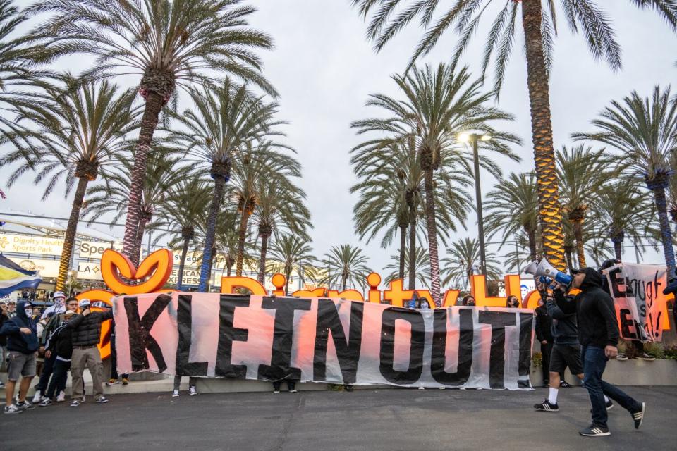 Galaxy fans protest the Galaxy front office prior to the match against Vancouver Whitecaps.