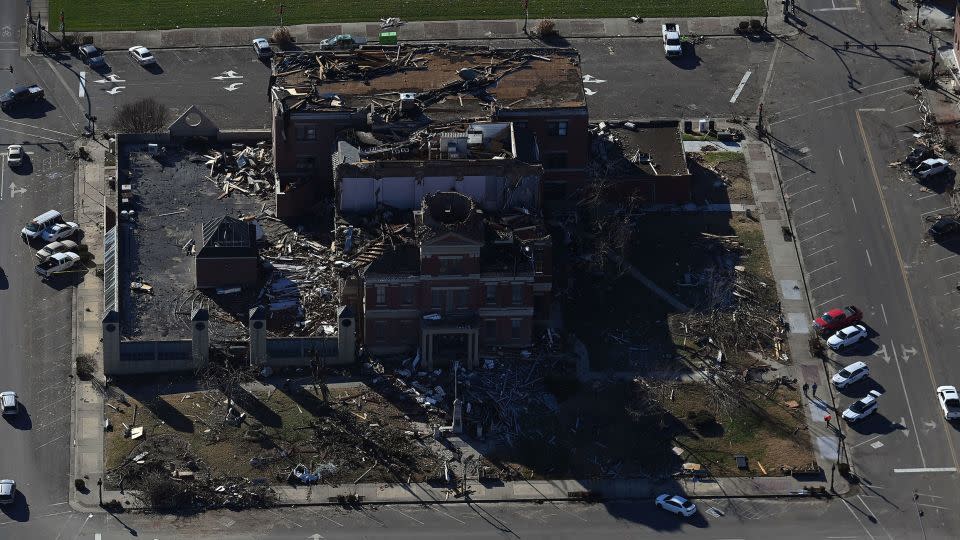 The Graves County courthouse was destroyed by a tornado on December 12, 2021 in Mayfield, Kentucky.  - Joshua Lott/The Washington Post/Getty Images