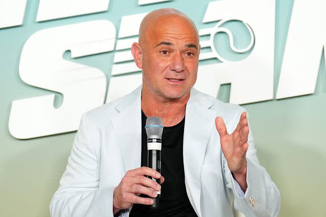 <p>Chris Unger/Getty</p> Andre Agassi speaks onstage during The Netflix Slam media availability event at Mandalay Bay Resort and Casino on March 02, 2024 in Las Vegas, Nevada