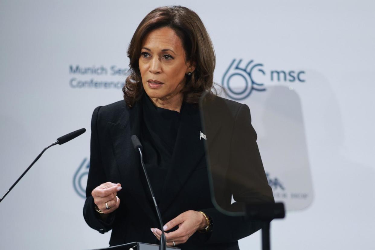 PHOTO: Vice President Kamala Harris speaks on stage at the 2024 Munich Security Conference, Feb. 16, 2024, in Munich. (Johannes Simon/Getty Images)