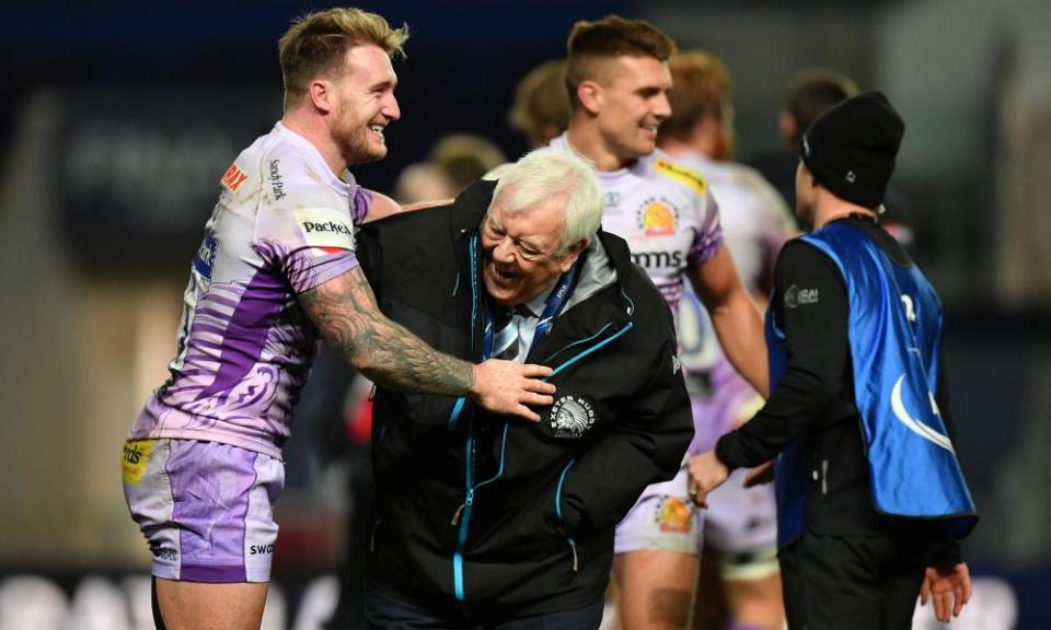 Tony Rowe and Stuart Hogg share a joke after Exeter’s victory in the European Champions Cup final at Ashton Gate.