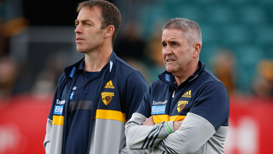 Alastair Clarkson and Chris Fagan are pictured while the two were working for Hawthorn.