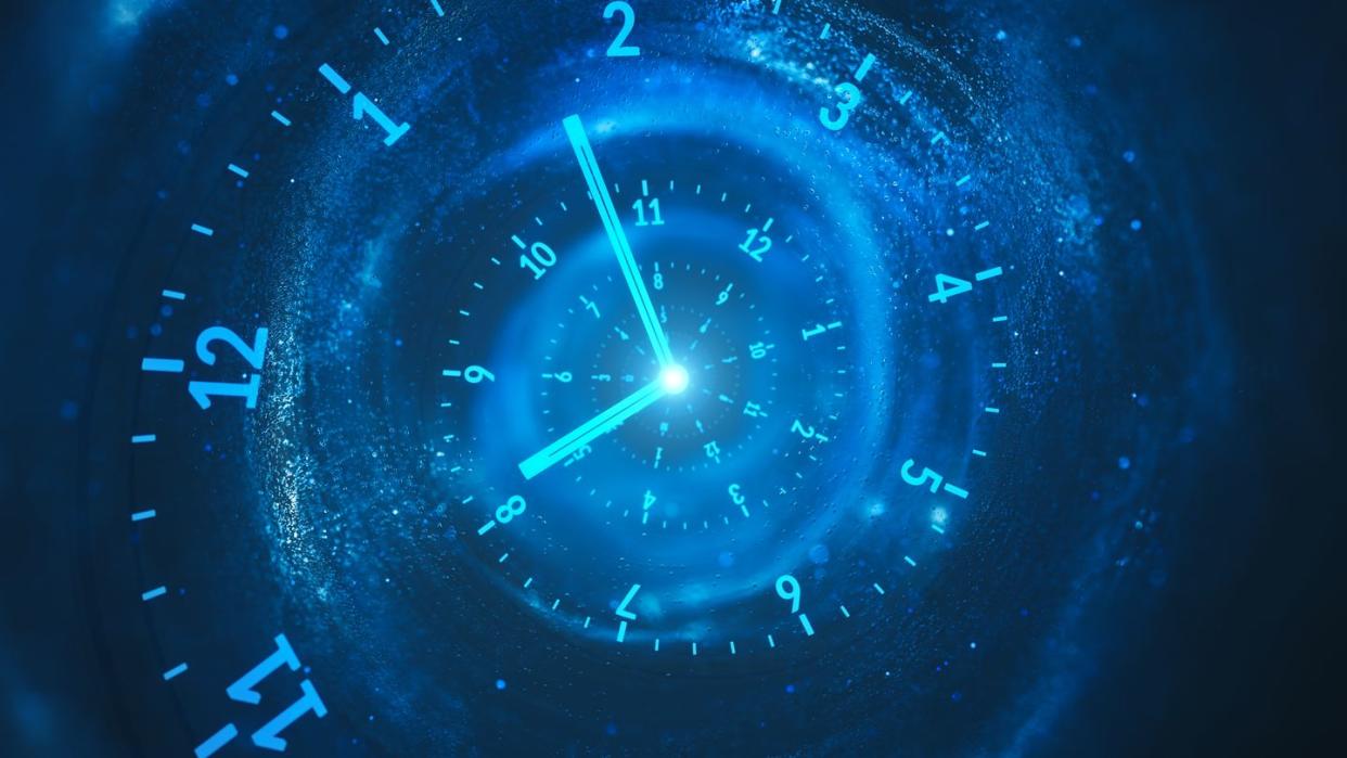 spiral clock the flow of time dark, blue, turquoise