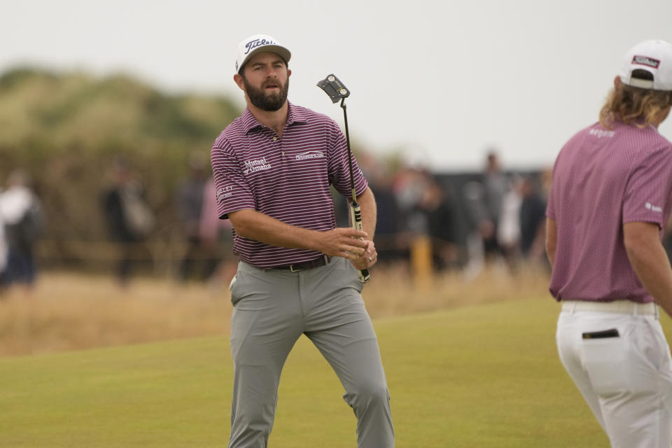 Cameron Young of the US misses a putt on the 15th green during the final round of the British Open golf championship on the Old Course at St. Andrews, Scotland, Sunday July 17, 2022. (AP Photo/Gerald Herbert)