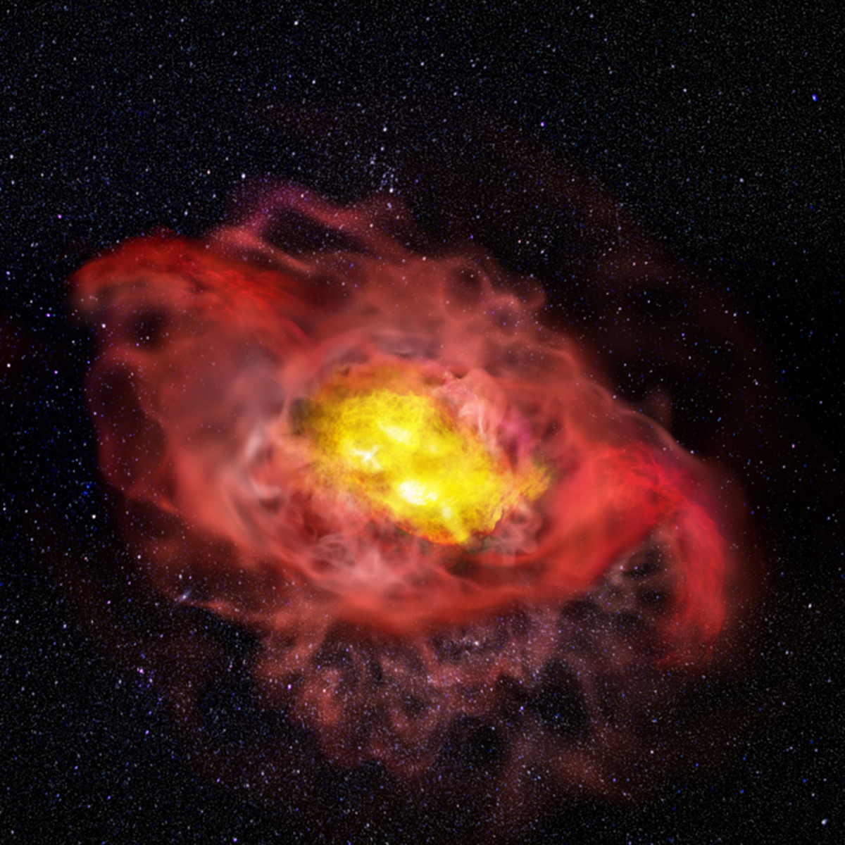 This artist’s conception illustrates the previously unknown complexity of the young galaxy, A1689-zD1. (ALMA (ESO/NAOJ/NRAO), B. Saxton (NRAO/AUI/NSF))