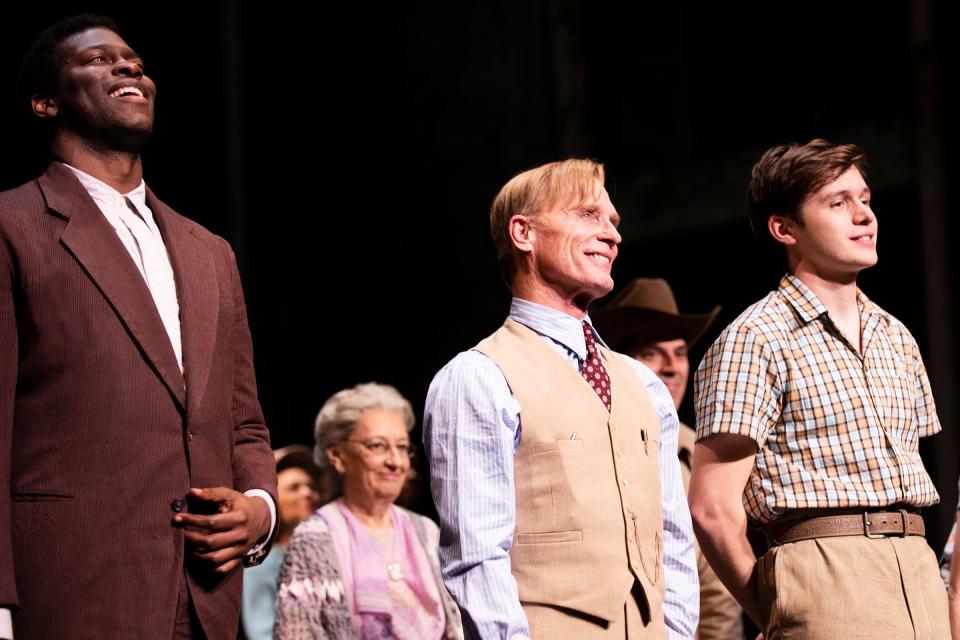 Ed Harris takes his first bow as Atticus Finch in Broadway’s <em>To Kill a Mockingbird</em> alongside costar Nick Robinson on Wednesday in New York City.