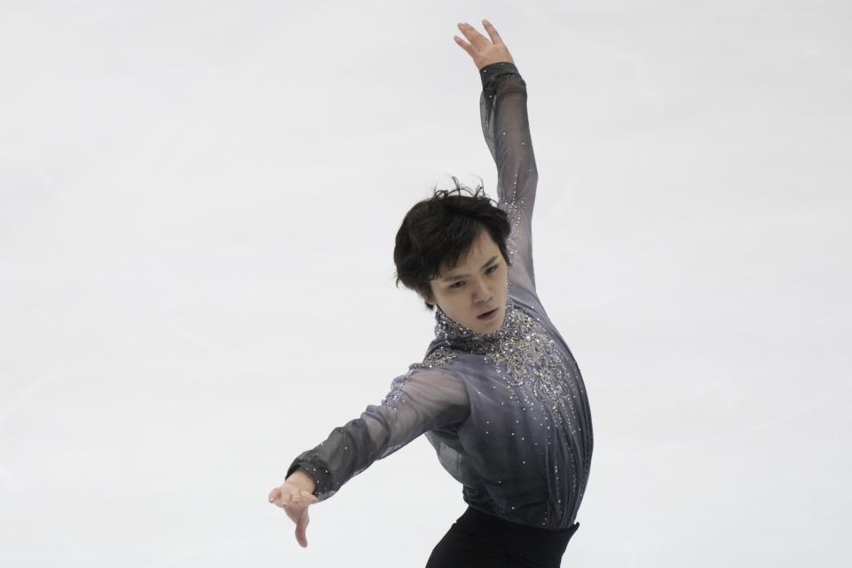 Shoma Uno of Japan performs in the men's free program in the Grand Prix of Figure Skating - NHK Trophy in Sapporo, Japan, Saturday, Nov. 19, 2022. (AP Photo/Hiro Komae)