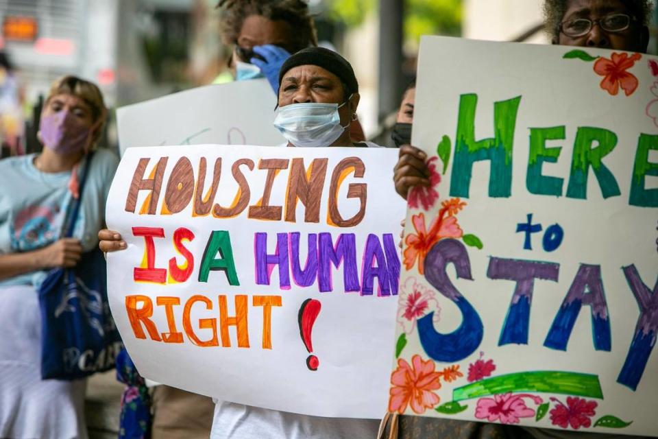 The Miami Workers Center held a rally on July 20, 2021, to demand policy changes to better protect renters from predatory landlords.