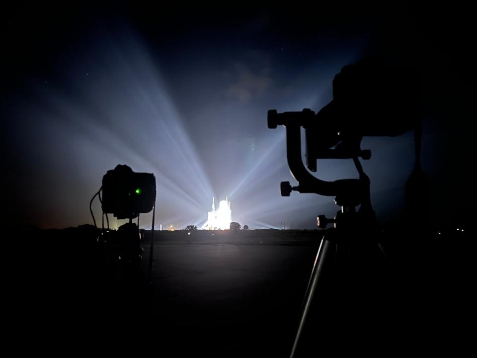 Lighting up the night. The powerful Delta IV Heavy rocket shown on Thursday, March 28, 2024, ahead of its last launch ever. That launch scrubbed but the rocket is set to make another attempt Tuesday.