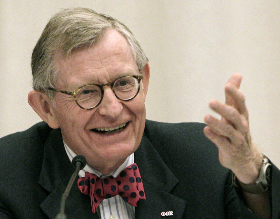 FILE - In this June 7, 2013, file photo, former Ohio State University president Gordon Gee gives his retirement speech during a board of trustees meeting in Columbus, Ohio. West Virginia University President Gordon Gee and former Ohio Gov. John Kasich are creating a nonprofit that will fight to steer money from any national opioid settlement to hospitals and health-based research. Gee and Kasich will announce Citizens for Effective Opioid Treatment on Thursday, Aug. 22, 2019. (AP Photo/Jay LaPrete, File)