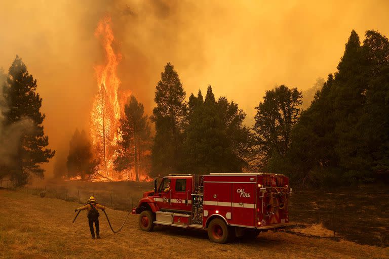 Un bombero de Cal Fire monitorea el Oak Fire a medida que avanza por el área el 23 de julio de 2022 cerca de Mariposa, California