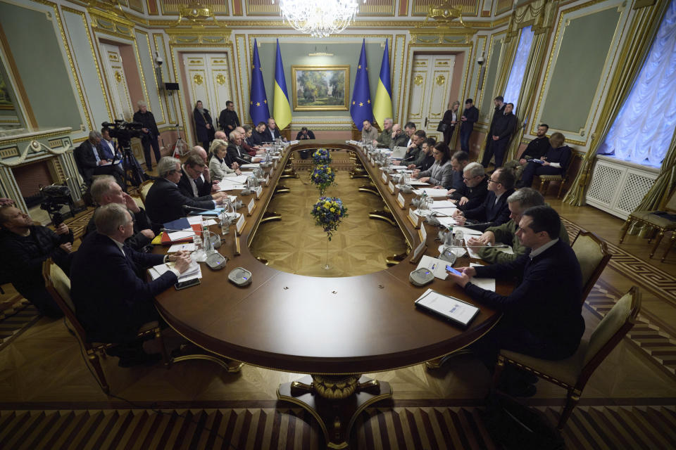 European Union and Ukrainian officials attend a working session at the EU-Ukraine summit in Kyiv, Ukraine, Friday, Feb. 3, 2023. (Ukrainian Presidential Press Office via AP)