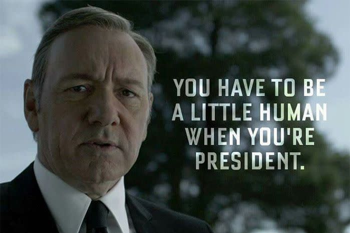 Underwood’s character is somewhat of a pathological narcissist who is forced to work with fictional Russian president Viktor Petrov, a character believed to be loosely based on Putin.