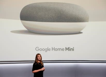 FILE PHOTO: Isabelle Olsson, Google's Head of Industrial Design for Home, speaks about the Google Home Mini during a launch event in San Francisco, California, U.S. October 4, 2017. REUTERS/Stephen Lam/File Photo