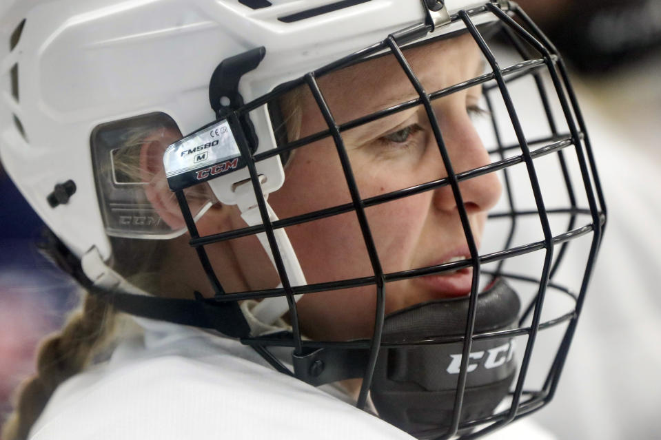FILE - Kendall Coyne-Schofield, a member of the U.S. Women's National hockey team, goes through drills during their practice in Cranberry Township, Butler County, Pa., Nov. 4, 2019. Organizers announced plans Friday, June 30, 2023, to launch a new women’s professional hockey league in January that they hope will provide a stable, economically sustainable home for the sport's top players for years to come. (AP Photo/Keith Srakocic, File)