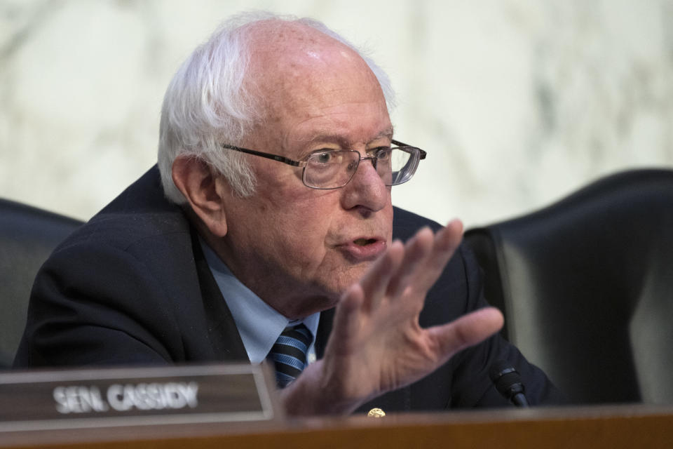 Senate HELP Committee Chair Sen. Bernie Sanders, I-Vt., questions Moderna CEO and Director Stephane Bancel during a Senate HELP Committee hearing on the price of the COVID-19 vaccine, Wednesday, March 22, 2023, on Capitol Hill in Washington. (AP Photo/Jacquelyn Martin)