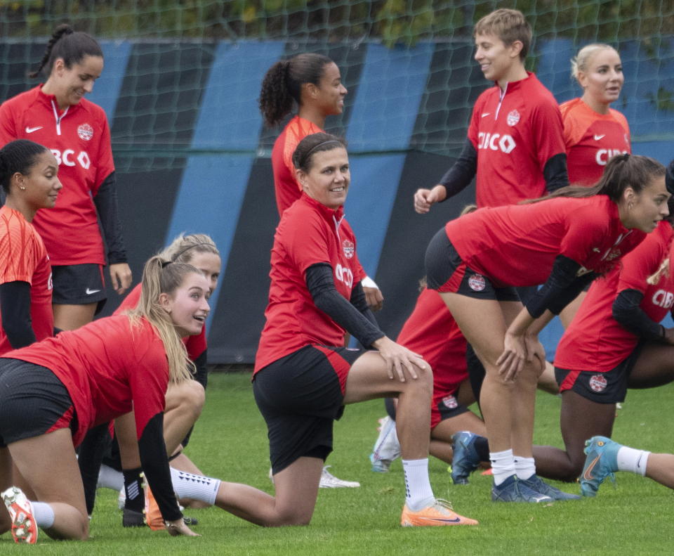 Team Canada women's soccer captain Christine Sinclair, center, takes part in practice Thursday, Oct, 26, 2023, in Montreal. (Ryan Remiorz/The Canadian Press via AP)