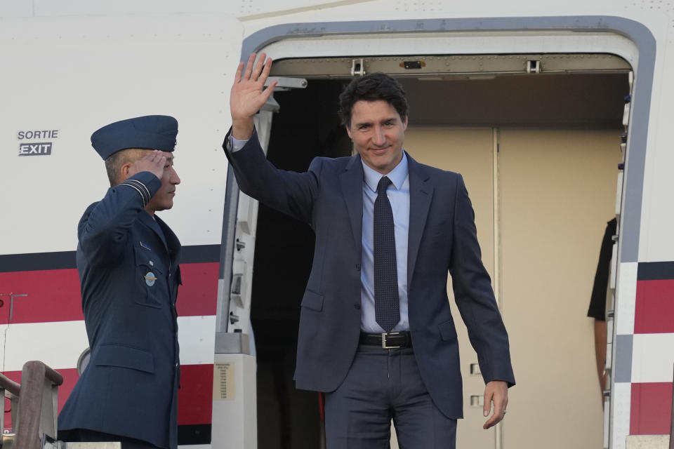 Canadian Prime Minister Justin Trudeau waves upon his arrival at the Seoul airport in Seongnam, South Korea, Tuesday, May 16, 2023. Trudeau arrived Tuesday in South Korea and will meet with South Korean President Yoon Suk Yeol, before heading to Japan for a G7 summit. (AP Photo/Lee Jin-man)