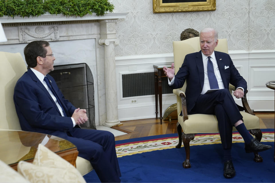 President Joe Biden speaks during a meeting with Israel's President Isaac Herzog in the Oval Office of the White House, Wednesday, Oct. 26, 2022, in Washington. (AP Photo/Patrick Semansky)