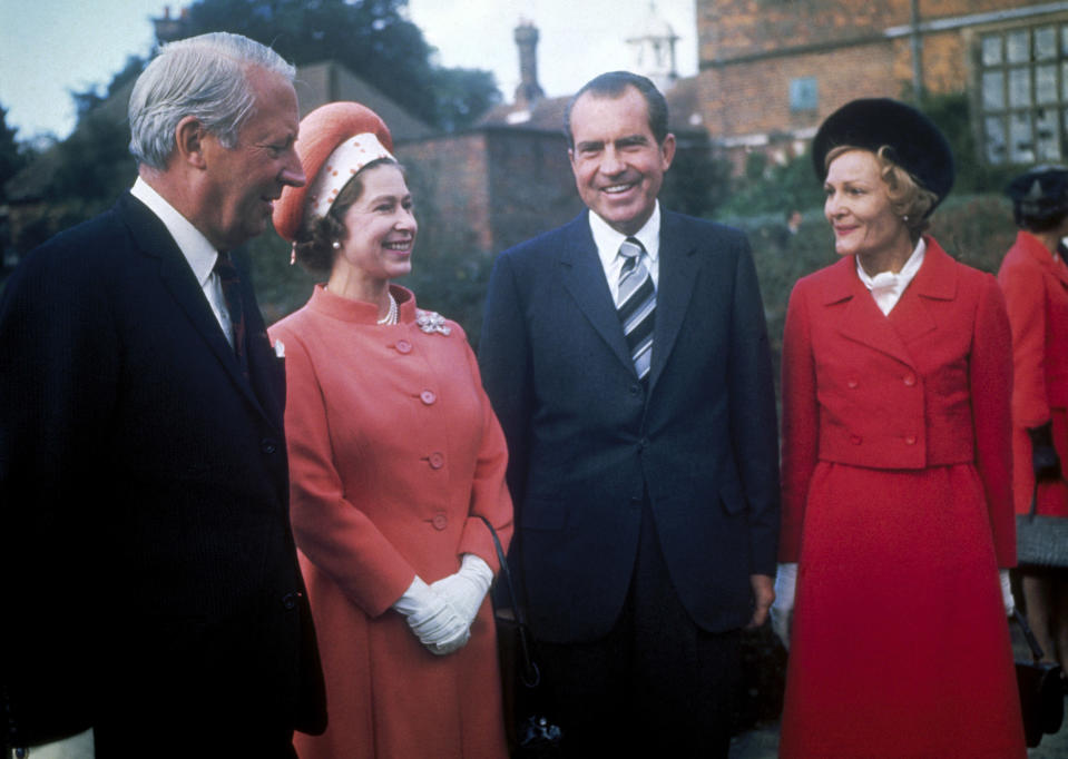 Queen Elizabeth II with British Prime Minister Edward Heath, left, and President Richard Nixon and first lady Patricia Nixon at Chequers, the prime minister's official country residence, in 1970. (Hulton Archive / Getty Images)