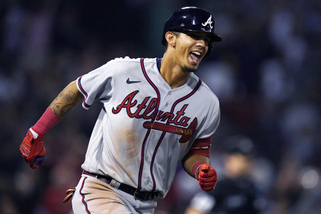 Atlanta Braves' Vaughn Grissom celebrates while running up the first base line on his two-run home run against the Boston Red Sox during the seventh inning of a baseball game Wednesday, Aug. 10, 2022, in Boston. (AP Photo/Charles Krupa)