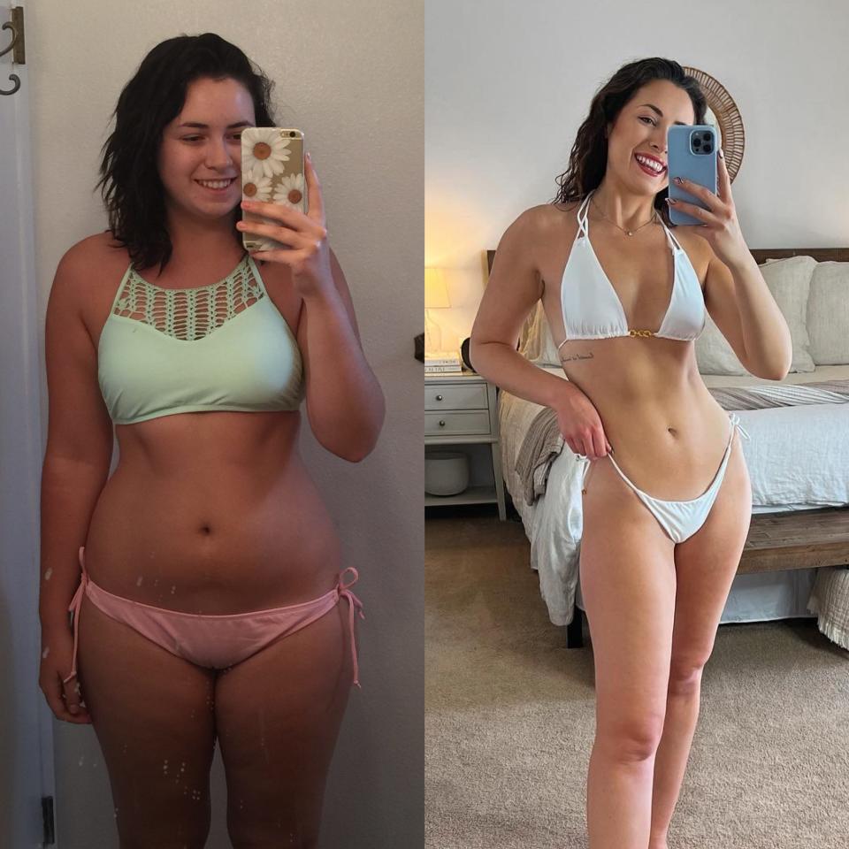 A composite image of before and after mirror selfies of a woman in a bikini.